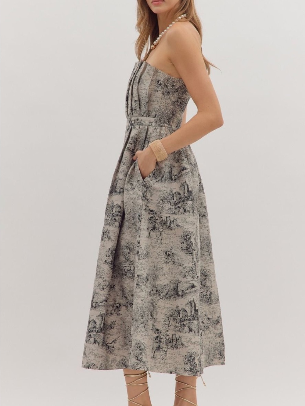 entro Strapless Toile-Print Midi Dress in Beige and Black